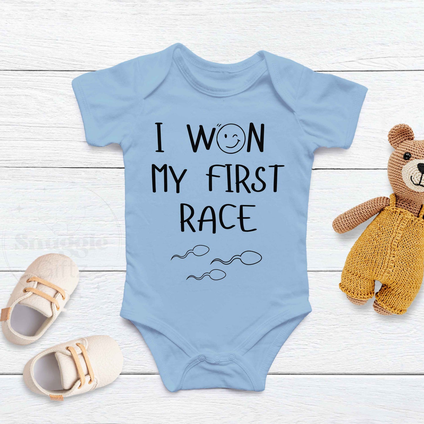 I Won My First Race Infant Baby Shirt Fun Unique Cozy Bodysuit, Baby Boy Girl Gender Neutral Snapsuit, Soft Cute Funny Diaper Shirt Romper