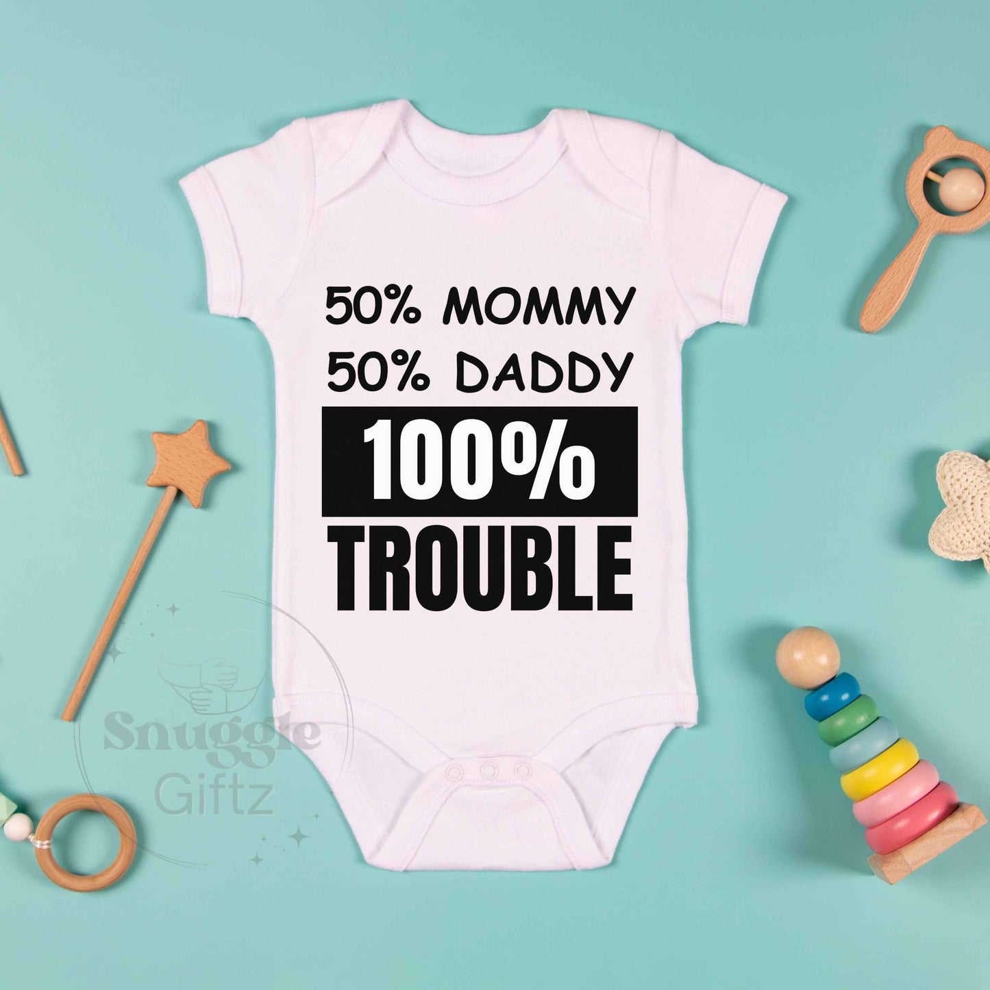 50 Mommy 50 Daddy 100 Trouble Infant Baby Shirt Fun Cozy Bodysuit, Baby Boy Girl Gender Neutral Snapsuit, Soft Cute Diaper Shirt Romper