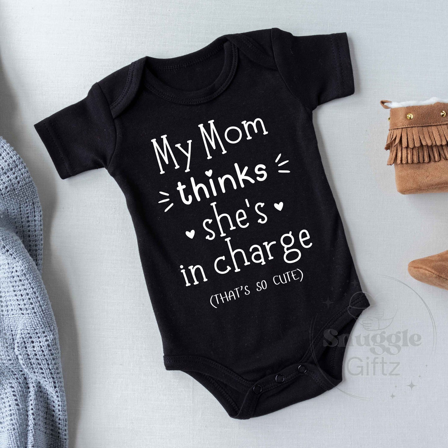 My Mom Thinks She's In Charge Infant Baby Shirt Fun Cozy Bodysuit, Baby Boy Girl Gender Neutral Snapsuit, Soft Cute Diaper Shirt Romper