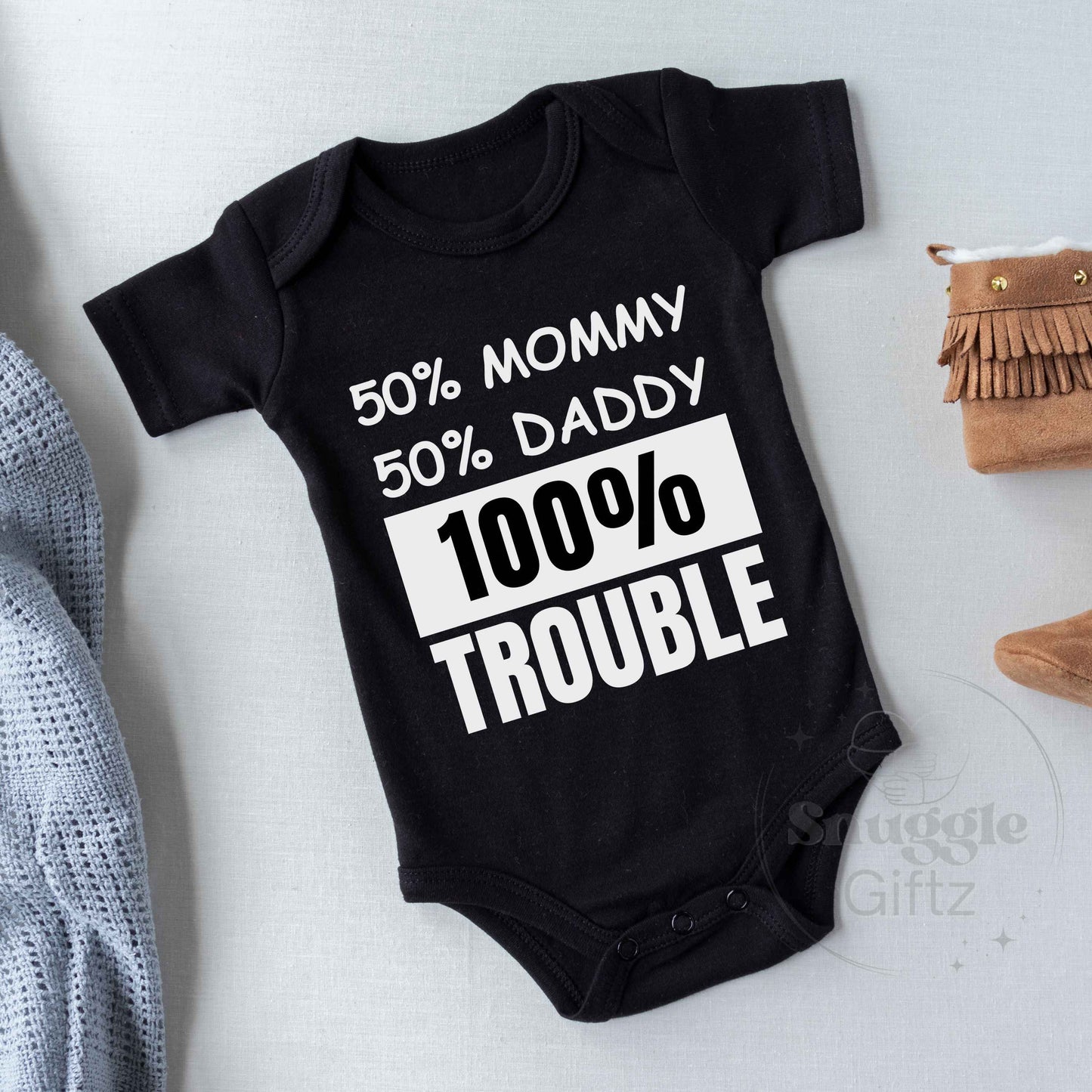 50 Mommy 50 Daddy 100 Trouble Infant Baby Shirt Fun Cozy Bodysuit, Baby Boy Girl Gender Neutral Snapsuit, Soft Cute Diaper Shirt Romper