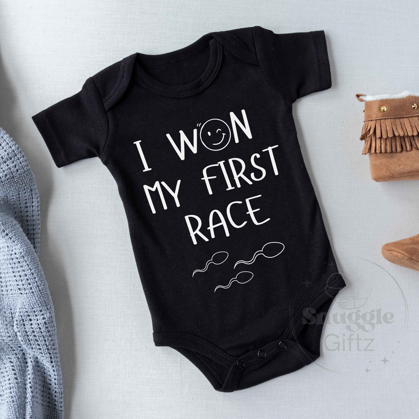 I Won My First Race Infant Baby Shirt Fun Unique Cozy Bodysuit, Baby Boy Girl Gender Neutral Snapsuit, Soft Cute Funny Diaper Shirt Romper