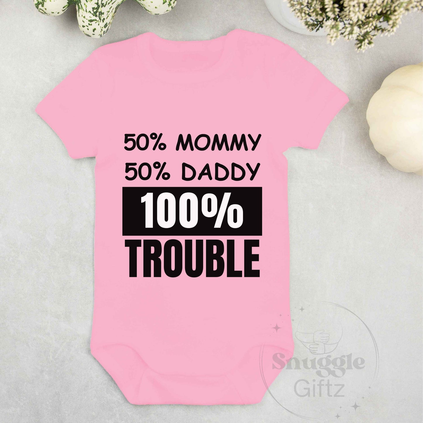 50 Mommy 50 Daddy 100 Trouble Infant Baby Shirt Fun Cozy Bodysuit, Baby Boy Girl Gender Neutral Snapsuit, Soft Cute Diaper Shirt Romper