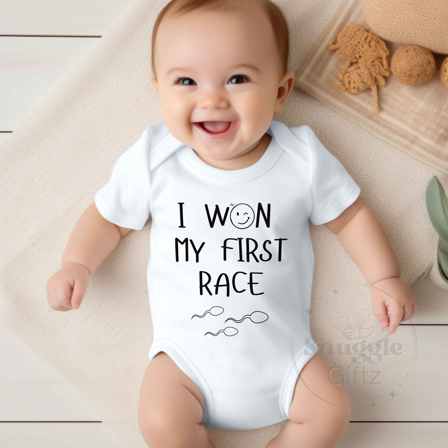 I Won My First Race Infant Baby Shirt Fun Unique Cozy Bodysuit, Baby Boy Girl Gender Neutral Snapsuit, Soft Cute Funny Diaper Shirt Romper