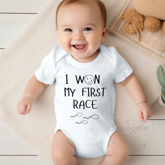 I Won My First Race Infant Baby Shirt Fun Unique Cozy Bodysuit, Baby Boy Girl Gender Neutral Snapsuit, Soft Cute Funny Diaper Shirt Romper