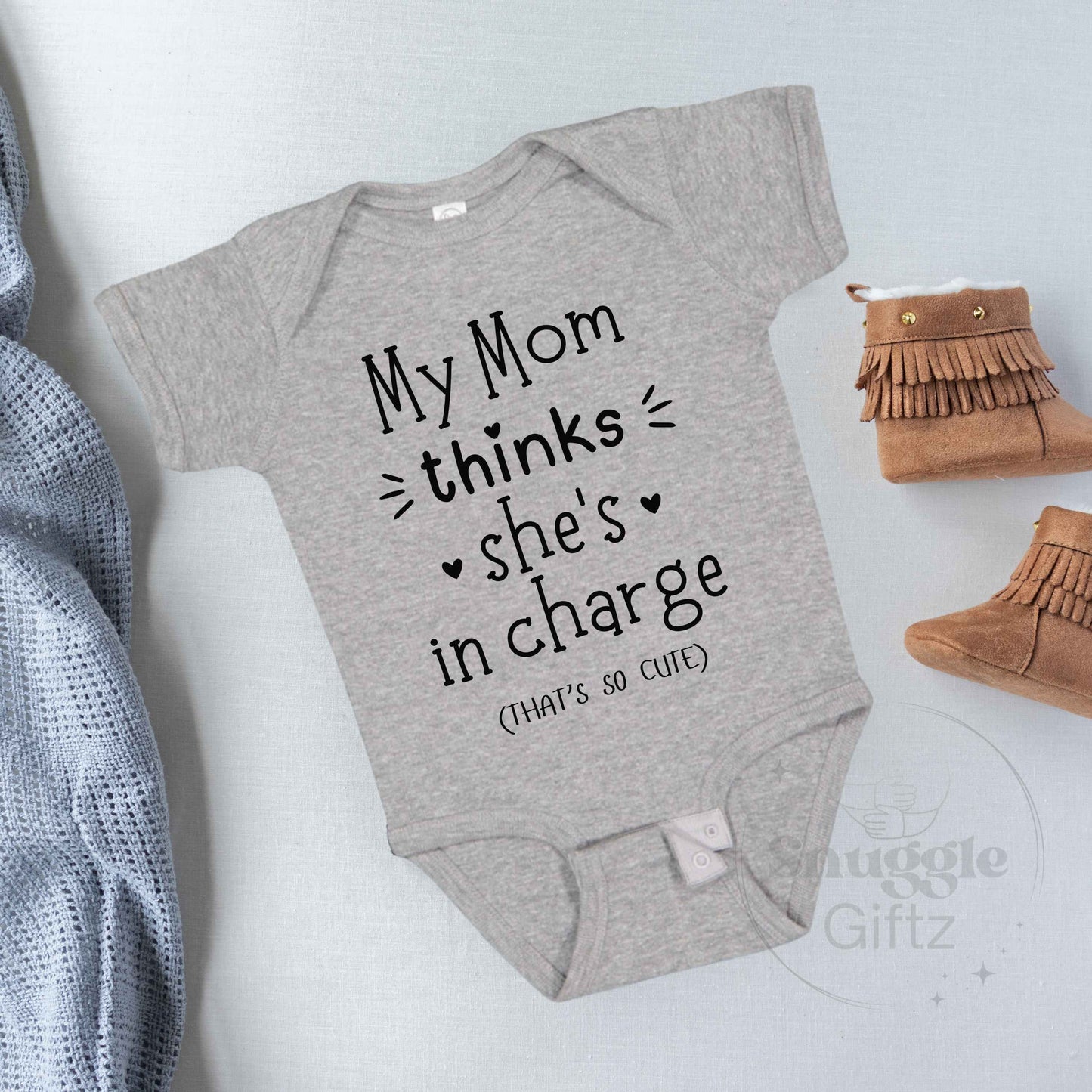 My Mom Thinks She's In Charge Infant Baby Shirt Fun Cozy Bodysuit, Baby Boy Girl Gender Neutral Snapsuit, Soft Cute Diaper Shirt Romper