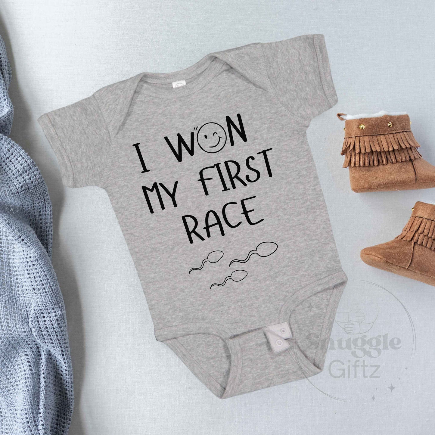 I Won My First Race Infant Baby Shirt Fun Unique Cozy Bodysuit, Baby Boy Girl Gender Neutral Snapsuit, Soft Cute Funny Diaper Shirt Romper