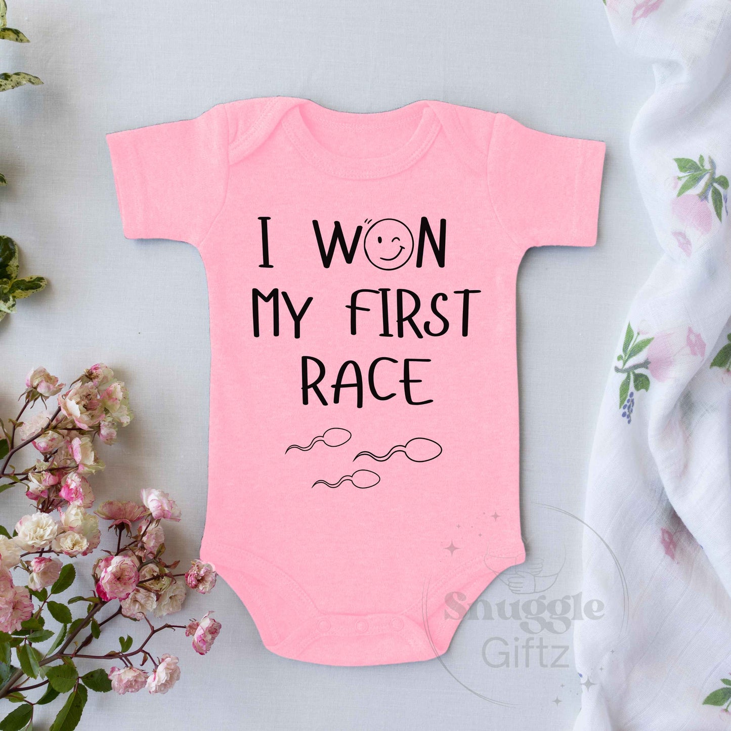 I Won My First Race Infant Baby Shirt Fun Unique Cozy Bodysuit, Baby Boy Girl Gender Neutral Snapsuit, Soft Cute Funny Diaper Shirt Romper