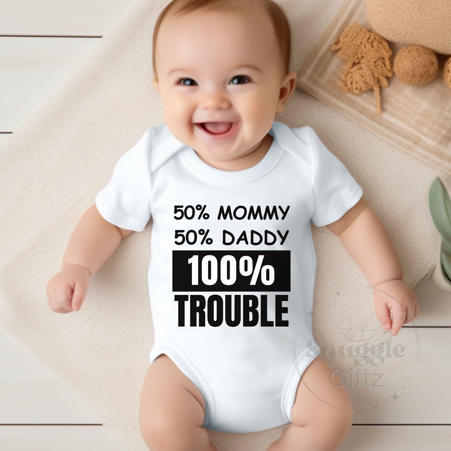 50 Mommy 50 Daddy 100 Trouble Infant Baby Shirt Fun Cozy Bodysuit, Baby Boy Girl Gender Neutral Snapsuit, Soft Cute Diaper Shirt Romper